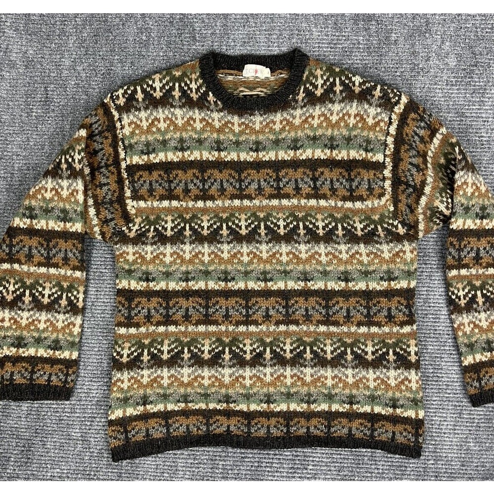 Vintage J Crew Sweater Medium Oarsman 100% Wool Fair Isle Brown Green Patterned
